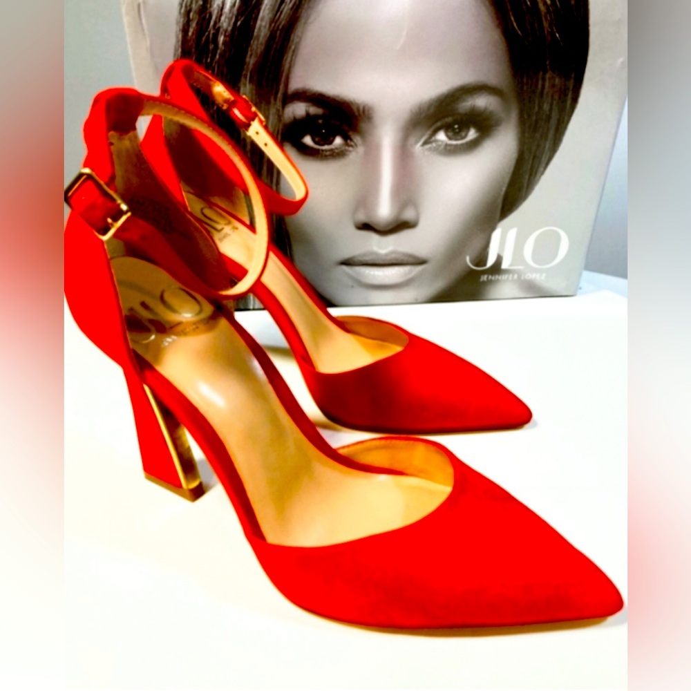 Jennifer Lopez Red Suede Heels with Ankle Straps